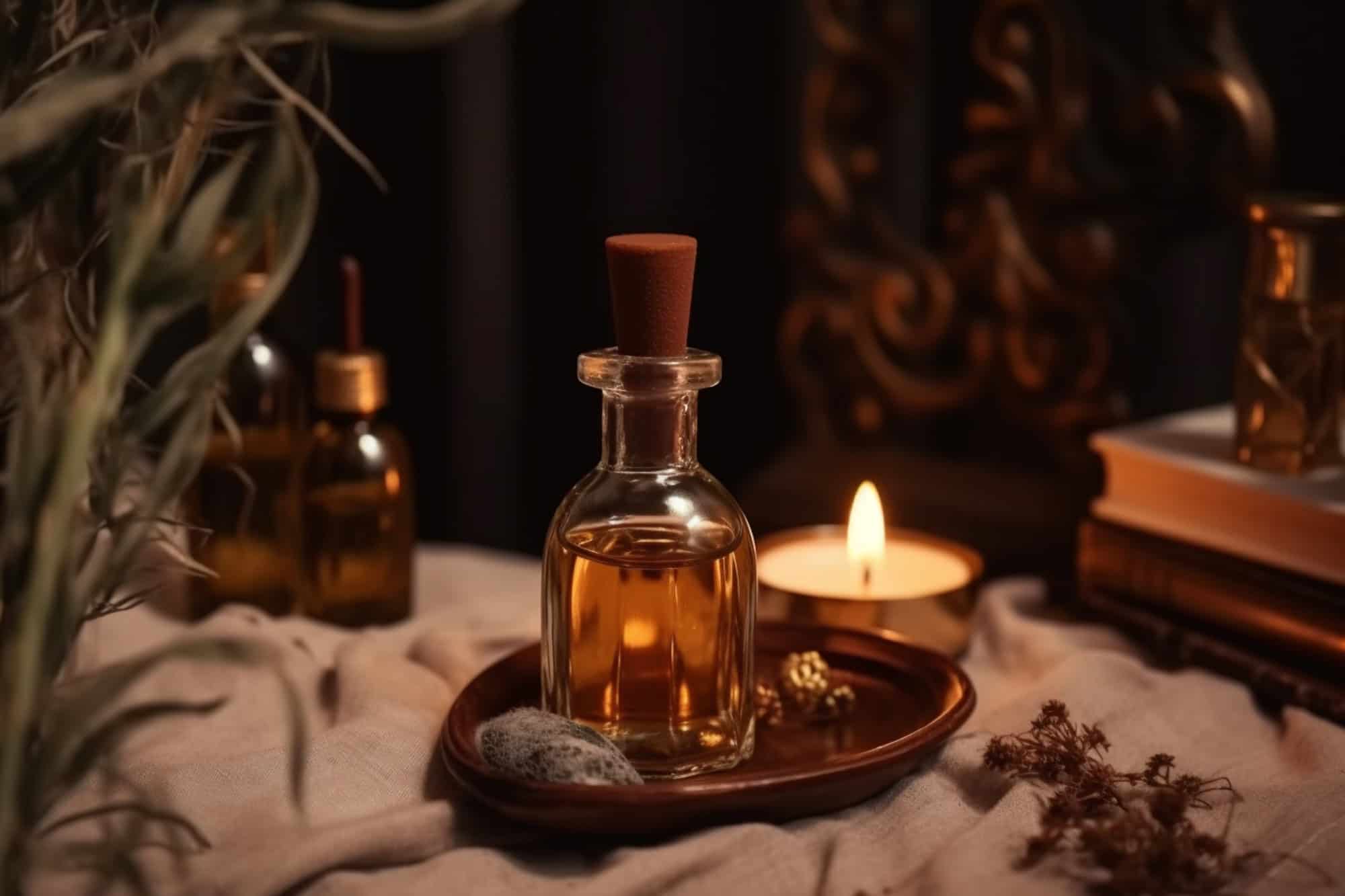 A small glass bottle with a cork stopper containing golden oil sits on a wooden tray beside a candle, dried flowers, books, and decorative objects in a warm, dimly lit setting.