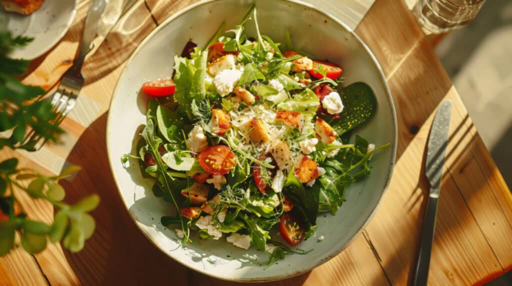 A fresh salad on a plate with leafy greens, cherry tomatoes, prosciutto slices, and shredded cheese. A bowl of seeds and utensils are nearby on a light-colored table.